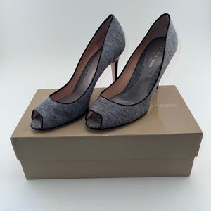 Sergio Rossi Navy Linen Peep Toe Heels Size 38.5 with Box and Dust Bag